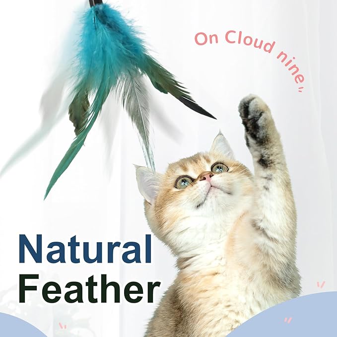 SONGWAY Cat Wand Toys for Indoor Cats - Cat Toy Set with Retractable Teaser Wand and 6 PCS Fairy Feather Toy Refills, Dragonfly Tassel Plush Cat Toys Interactive, Blue