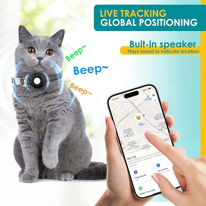 Cat Tracker, Lightweight GPS Tracker Compatible with Apple Find My App(Only iOS), Waterproof Cat Tracker Collar with Bell and Safety Elastic Buckle, No Monthly Fee Pet Trackers for Pets, Kids (Black)