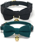 2 Pack Soft Corduroy Cat Collars with Bow Tie & Bell, Adjustable Breakaway Cotton Kitty Bowtie Collar for Boy Male Cats(Black & Green)