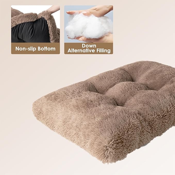 EHEYCIGA Fluffy Dog Crate Bed for Medium Dogs, Plush Faux Fur Crate Pad, Calming Anti Anxiety Medium Dog Bed for Crate, Washable Soft Warm Mat with Non-Slip Bottom, Camel