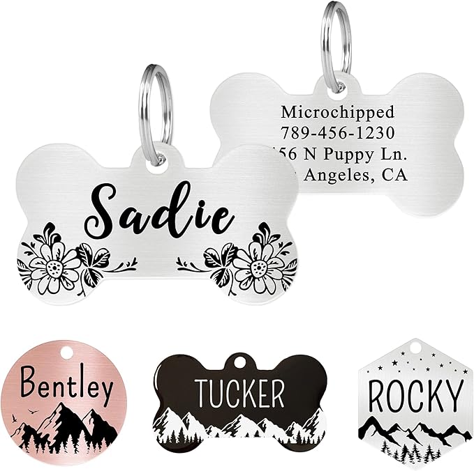 Ultra Joys Stainless Steel Pet ID Tag Dog Name Tags Personalized Front and Back Engraving, Customized Cat Tags, Optional Engraved on Both Sides, Bone Floral Design, Silver Large, Silver-bone-floral