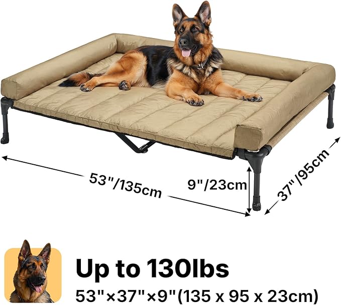 Veehoo Cooling Elevated Dog Bed Add Removable Waterproof Bolster Cushion Mat, Raised Pet Cot with Breathable Teslin Mesh, No-Slip Feet, Dog Couch Bed for Indoor Outdoor, 53 inches, Beige Coffee