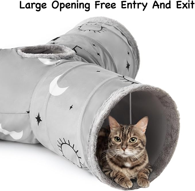 Tempcore Pet Cat Tunnel Tube Cat Toys 3 Way Collapsible, Cat Tunnels for Indoor Cats Fleece-Lined in for Warmth，Kitty Tunnel Bored Pet Toys Peek Hole Toy Ball Puppy, Kitten, Rabbit Gray Sun