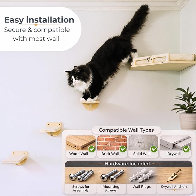 Cat Wall Shelves for Cats & Kitten – Solid Wood Cozy Corner Bed + Cushion with 2 Washable Covers +3 Wooden Steps, Safe Haven for Indoor Cats, Cat Shelves for Wall, Wood Color