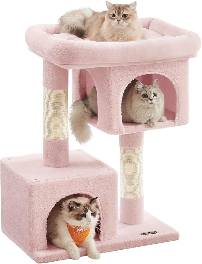 Feandrea Cat Tree, 33.1-Inch Cat Tower, Plush Condo for Large Cats up to 16 lb, Large Perch, 2 Caves, Scratching Post, Jelly Pink UPCT061P01