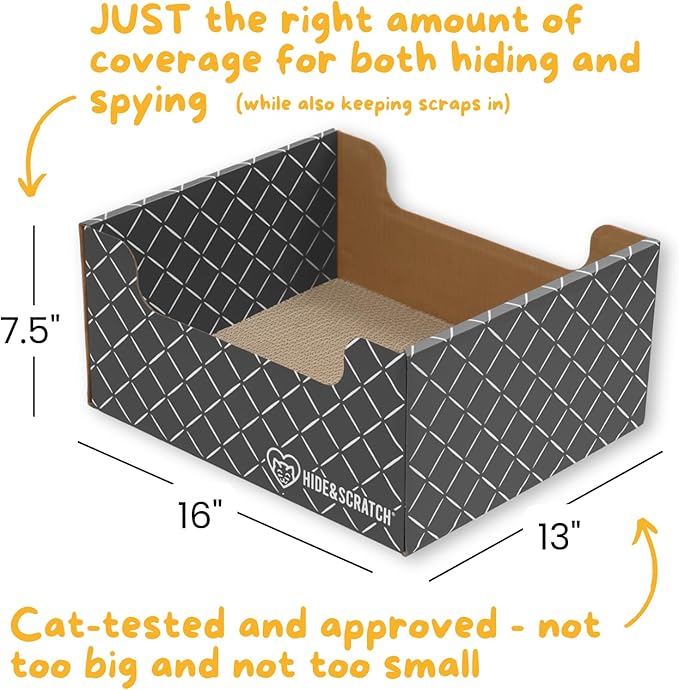 Hide & Scratch Cardboard Cat Scratcher Box & Bed - Dark Grey Diamond (+ 3 Refill Pads) | Double-Sided Corrugated Pad for Indoor Cats | Refillable Scratching Board Toy for Play & Furniture Protection