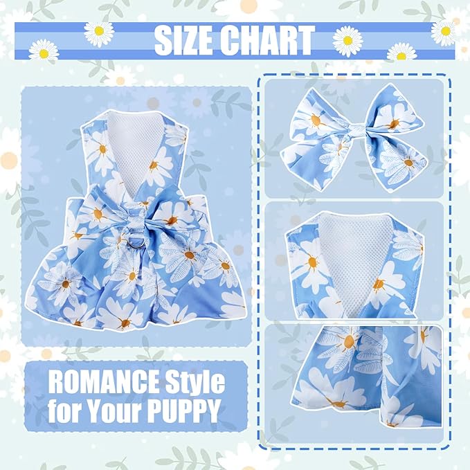 Dog Dress Bowknot Harness Leash Set for Small Girl Dogs Blue Daisy Floral Dog Cat Clothes Cute Puppy Outfits Pet Clothes Spring Summer Breathable Dresses(Large)