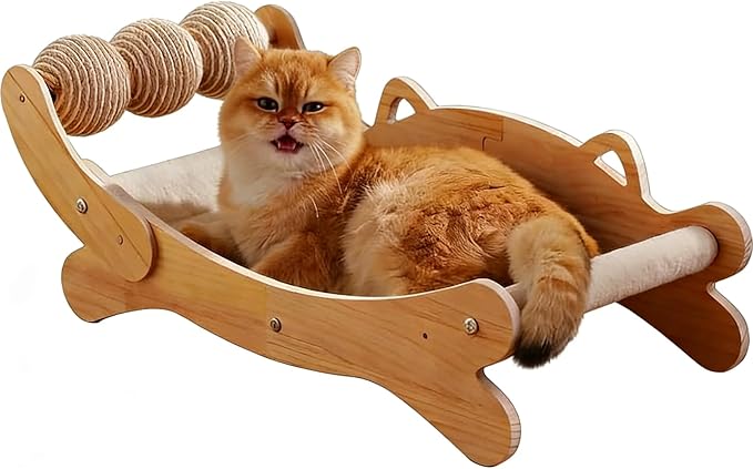 3-in-1 Cat Scratcher Bed for Indoor Cats Sisal Scratcher & Hammock Lounge with Solid Wooden Perch, No-Tip Stable Base for Large Cats, Durable Cat Scratch Pad & Cat Furniture (Easy Assembly)