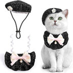 HOWWFALY 2PCS Cat Beret Hat with Small Camellia, Adjustable Satin Bowtie Bandana Scarf Set Pet Princess Costume for Halloween Christmas, Cat Dog Birthday Party Apparel(Black Bow)