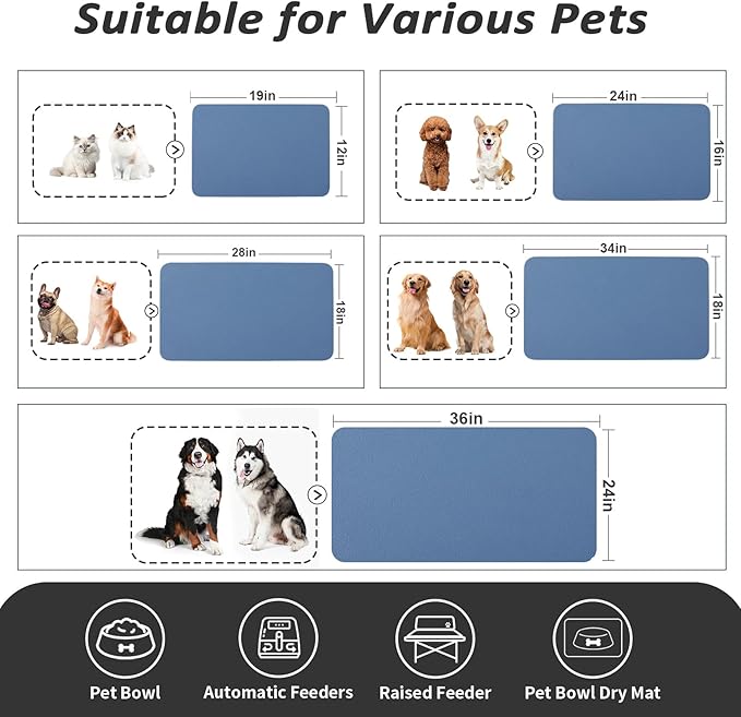 Dog Food Mat - Absorbent Cat Mat for Food and Water, No Stains Pet Feeding Bowl Mat, Easy to Clean Pet Placemats, Quick Dry Dog Water Dispenser Mat for Messy Drinkers | Blue 12"x 19"