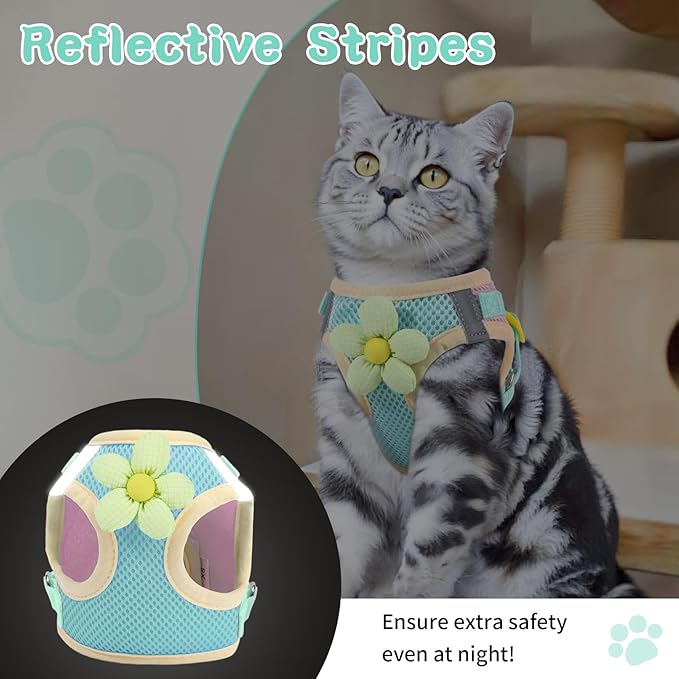 Cat Harness and Leash Set for Walking Escape Proof, Adjustable Kitten Harness Breathable Mesh with Reflective Strips Harness with Flower for Kitty Puppy Bunny Green XS