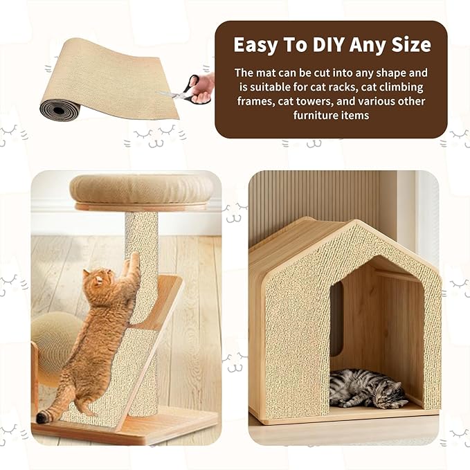 Cat Scratching Mat, 118" x 15.9" Trimmable Self-Adhesive Cat Scratch with 10 Screws 10pcs Adhesive Tape, Furniture Protector, DIY Cats Scratch Mat for Indoor, Wall, Doors, Couch and Cat Tree Shelves