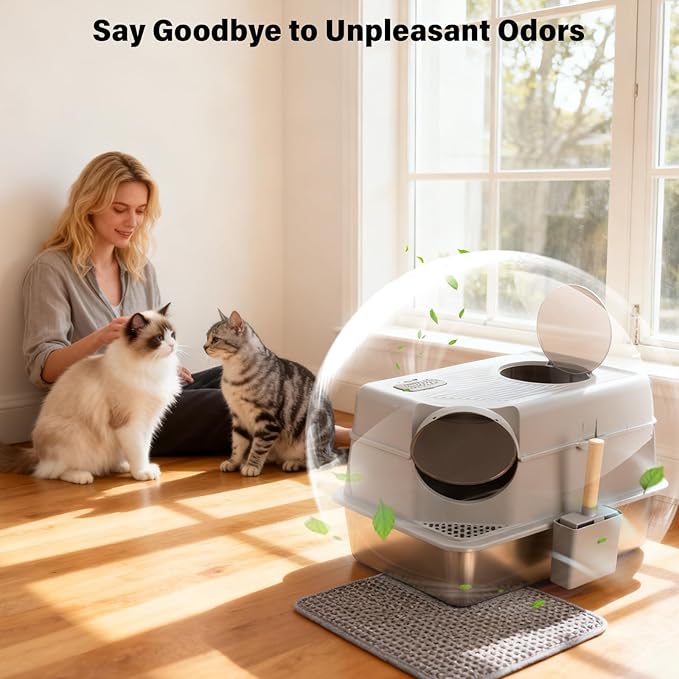 Extra Large Stainless Steel Litter Box with Lid, High Sided Enclosed Metal Cat Litter Box, Dog Proof Front Entry Top Exit, Odor Control, Easy to Clean, Leak Proof, Included Scoop & Mat