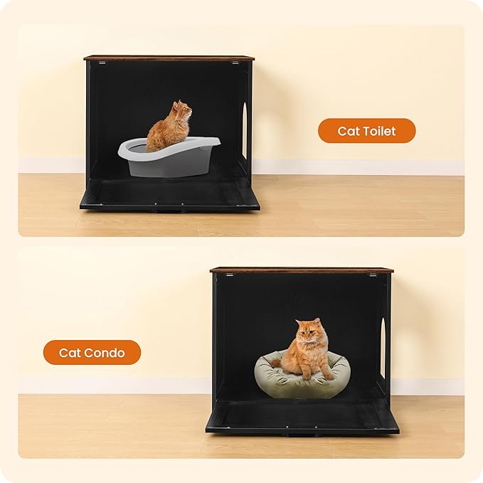 Dwanton Cat Litter Box Furniture Hidden, Cat Litter Box Enclosure, Reversible Entrance Can Be on Left or Right Side, Indoor Cabinet, Wooden Washroom, End Table, Black and Rustic Brown, 27.6" L