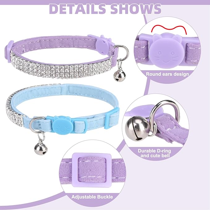 EXPAWLORER Soft Velvet Safe Cat Collars for Girl Cats -2 Pack Rhinestones Bling Diamante Adjustable Collars Breakaway- Chirstmas Cat Clollar Gifts with Bells for Boy Cats Kitty and Small Dogs