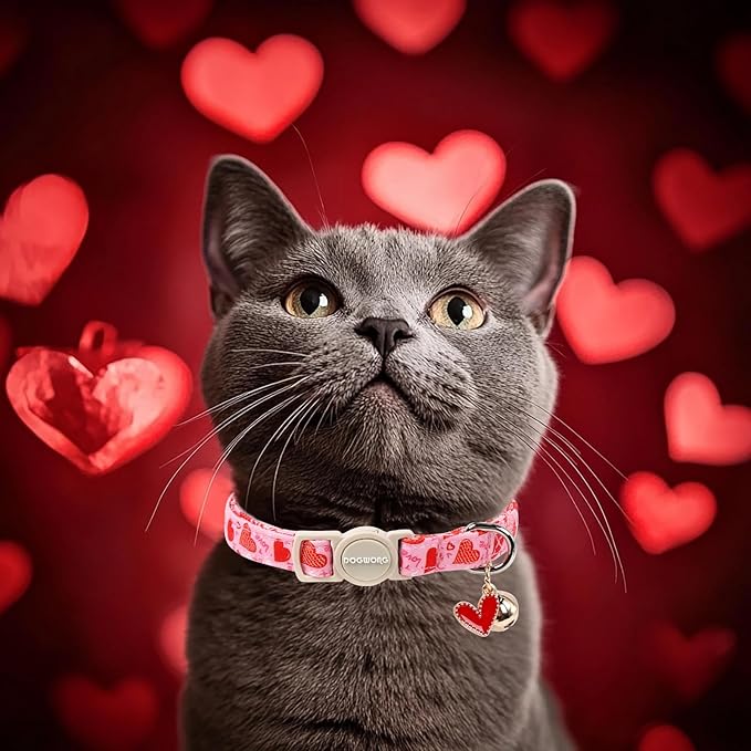 2 Pack Cat Collars Breakaway with Bell, DOGWONG Safety Buckle Valentine's Day Cat Collar Pink Heart for Girl Boy Cats and Small Dogs，Adjustable 7-12 Inch,Pet Supplies Accessories