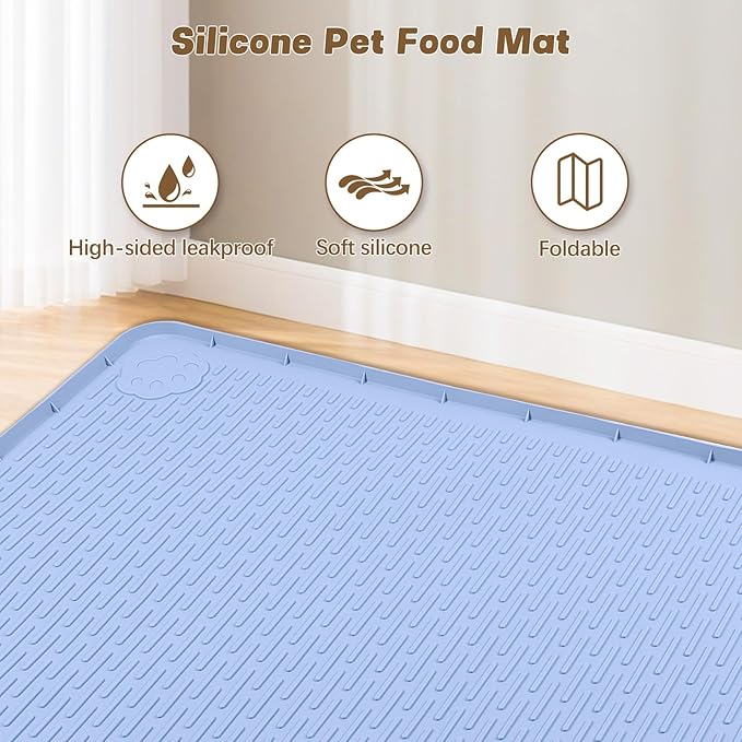 Cat Food Mat, 40" x 28" Extra Large Silicone Pet Feeding Mat with Raised Edge Pet Placemat for Food and Water Bowl Non-Slip, Easy to Clean, Floor Protection (Blue)