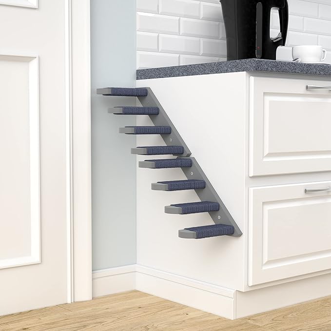 Skywin Cat Steps - Grey Solid Rubber Wood Cat Stairs Great for Scratching and Climbing - Easy to Install Wall Mounted Shelves for Playful Cats (Left to Right)