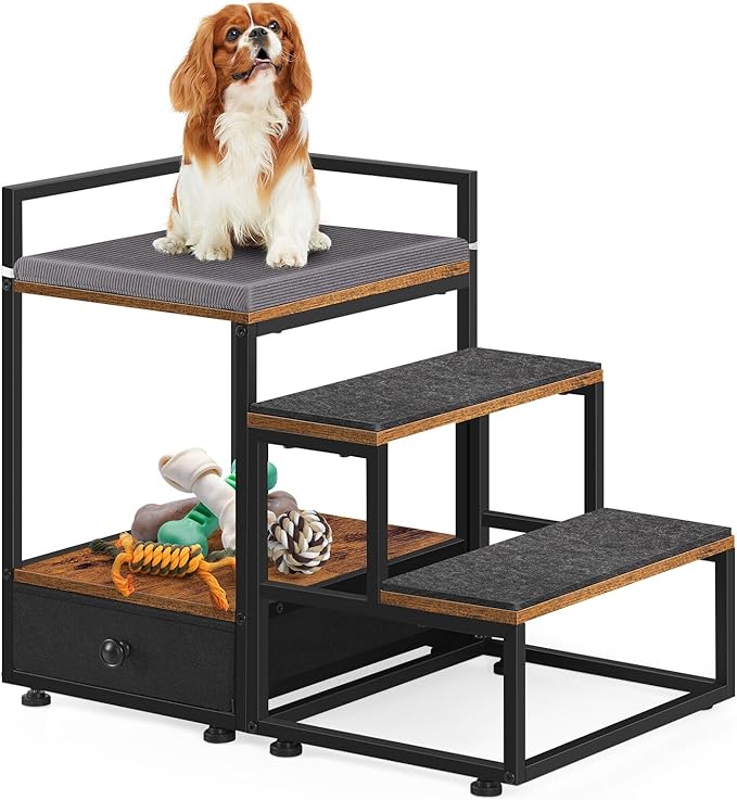 Dog Window Perch, Elevated Pet Bed with Stairs and Storage Drawer, Non-Slip Dog Stairs for Small Dogs, Cat Dog Window Seat Pet Stairs for Bed and Couch, Rustic Brown
