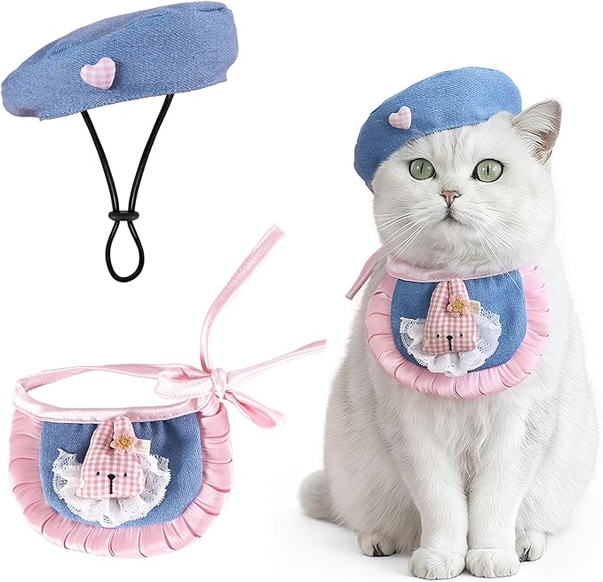 HOWWFALY Adorable Cat Princess Costume Blue Cat Beret with Little Heart & Lace Rabbit Bib Scarf Set, Adjustable Pet Costume for Halloween Christmas Birthday Parties