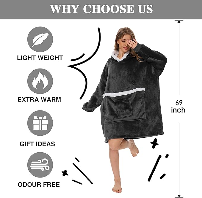 Wearable Blanket Hoodie with Giant Pocket, Soft Warm Sherpa Fleece Oversized Blanket Sweatshirt Gifts for Women Men