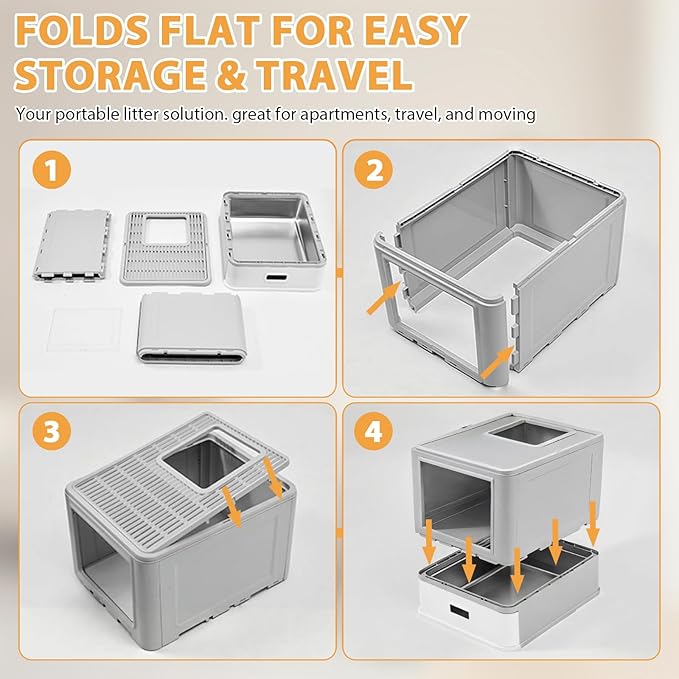 Homegroove Stainless Steel Cat Litter Box with Drawer, XL Foldable Enclosed Kitten Litter Box with Lid for Indoor Cats, Metal Covered Cat Litter Pan with Litter Scoop (Gray)