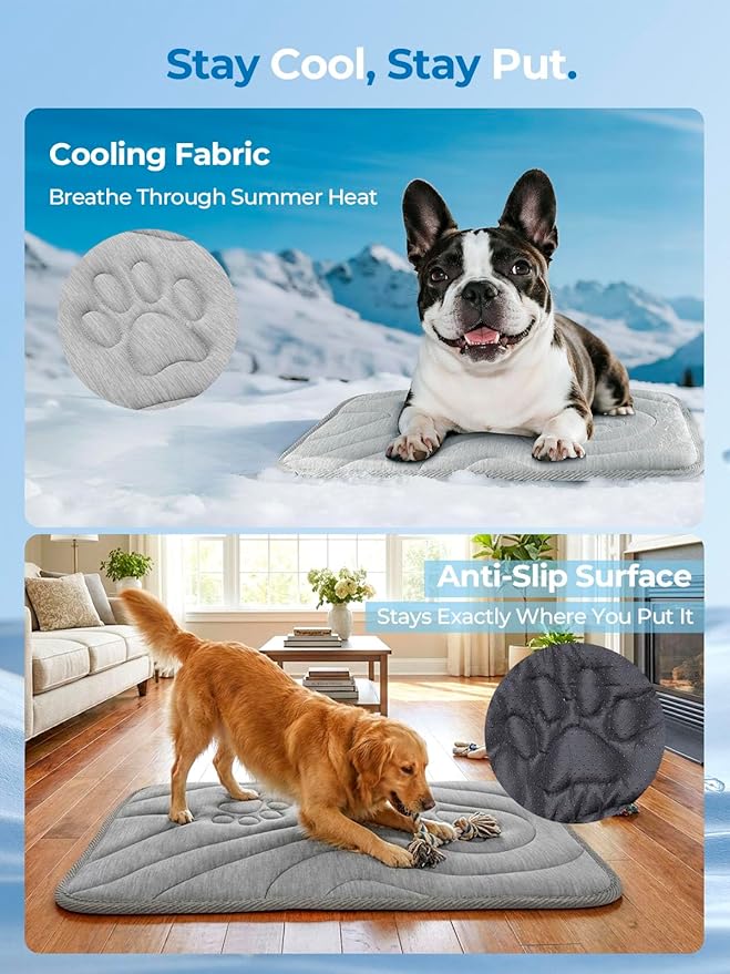 Dog Cooling Mat, Anti-Slip, Thick 3D Orthopedic Summer Pad for Dogs & Cats, Q-MAX > 0.5, Non-Toxic, Machine Washable, Chew-Resistant, Portable for Crate, Bed, Sofa, Car (Cool Grey, Large)