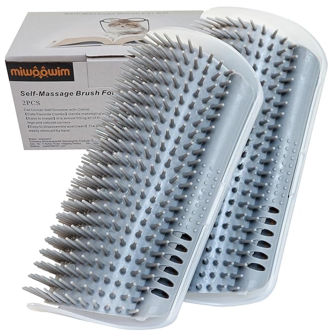 Extended (6.1") 2 Pack Self Grooming Cat Brush - Wall Corner Scratcher with Massage Combs for Long and Short Fur Cats, Kittens (Grey)