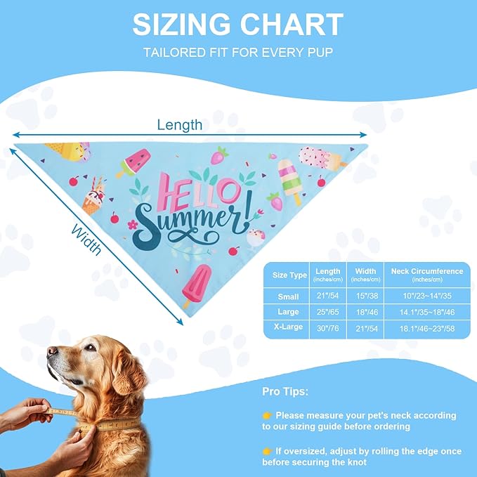 Summer Dog Bandana for Small Dogs - Double-Sided Blue Popsicle Scarf, Breathable Pet Bib Accessories for Beach Pool Party, Boy Girl Pups (9-14" Neck)