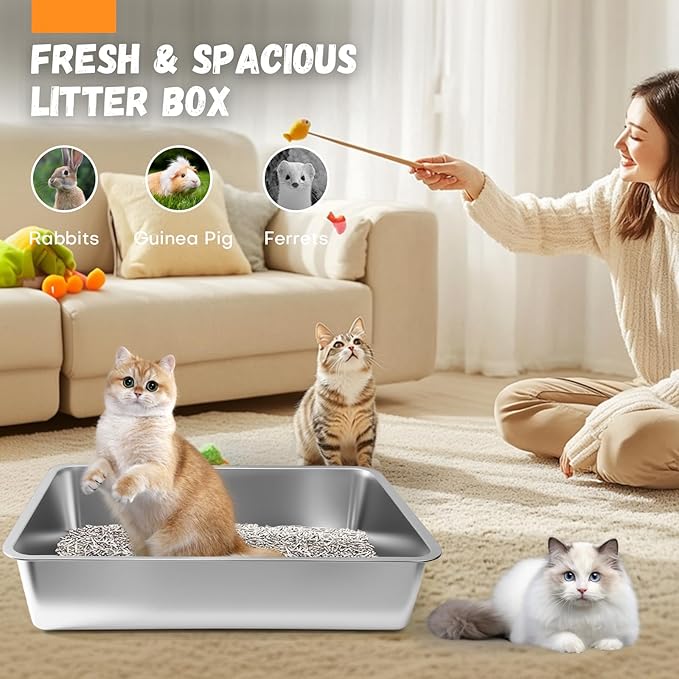 Homegroove Extra Large Stainless Steel Litter Box, 28"x20"x6" XXXL Metal Cat Litter Box for Big Cats with High Sides, Cat Litter Pan for Multiple Animal, Anti-Urine Leakage, Easy Clean (28x20x6 inch)