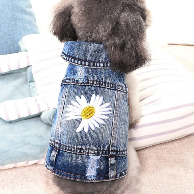 Dog Denim Jacket with Embroidered Daisy, Ripped Vintage Jean Vest for Small Dogs, Pugs, Chihuahuas, Spring Summer Autumn Festival Outfit