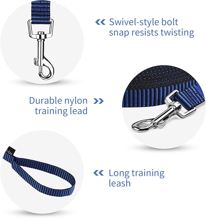 Hi Kiss Dog/Puppy Obedience Recall Training Agility Lead - 15ft 20ft 30ft 50ft 100ft Training Leash - Great for Training, Play, Camping, or Backyard(30ft,Black_Blue)