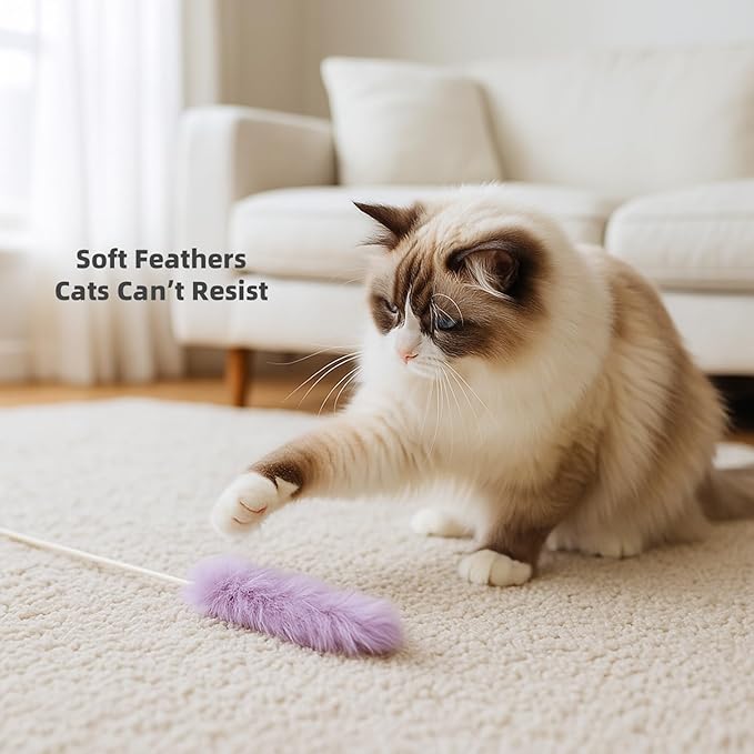 Rabbit Fur Cat Toys – 5PCS Interactive Cat Wand Toys for Indoor Cats, Soft Teaser Sticks for Play & Exercise, Natural Fur Cat's Teaser Set, 15" Long