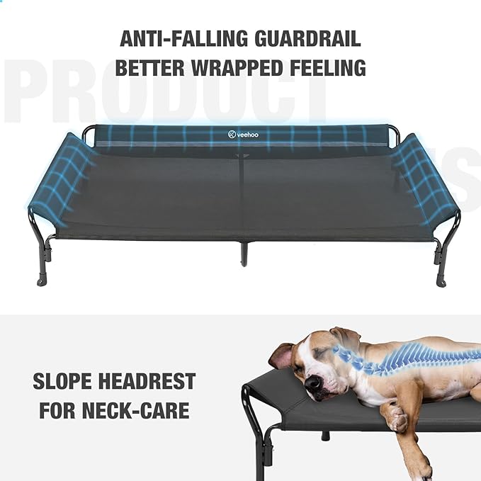 Veehoo Cooling Elevated Dog Bed, Guardrail Raised Pet Cot, Indoor & Outdoor XXL Pet Bed with Washable & Breathable Teslin Mesh, Non-Slip Feet, Dog Couch Bed, 62.5" x 37", Black