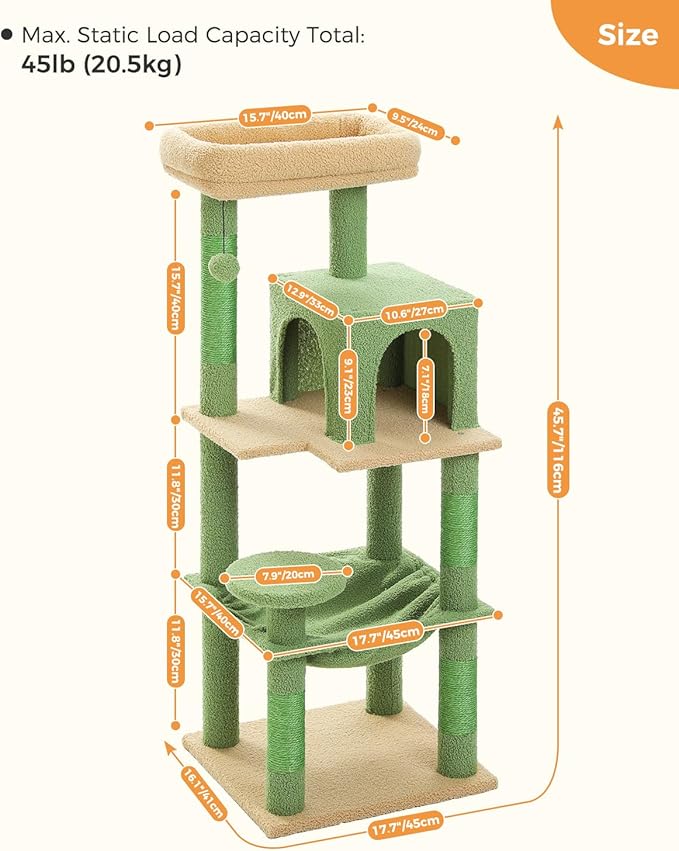 Cactus Cat Tree for Indoor Cats, 45.7" Multi-Level Cat Tower with Large Metal Frame Hammock, Cat Condo with 4 Scratching Posts and Top Perch, Green