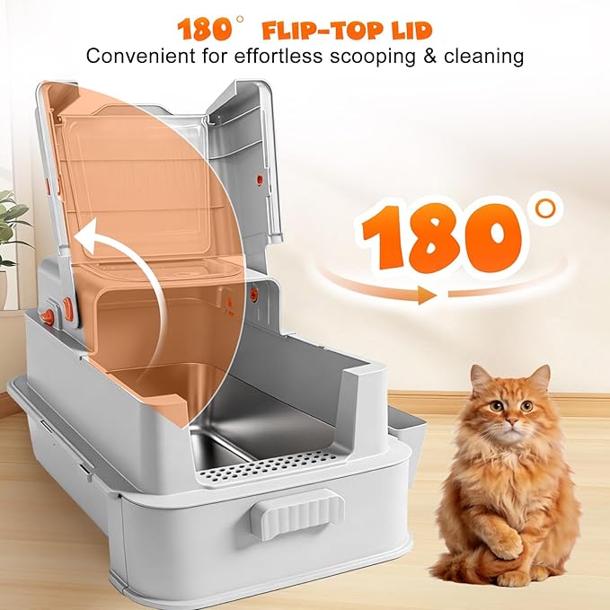 Homegroove Enclosed Stainless Steel Cat Litter Box with Drawer, XL Large Metal Cat Box with Lid for Indoor Cats, Metal Covered Litter Pan with Litter Scoop& Pedal (Light Gray)