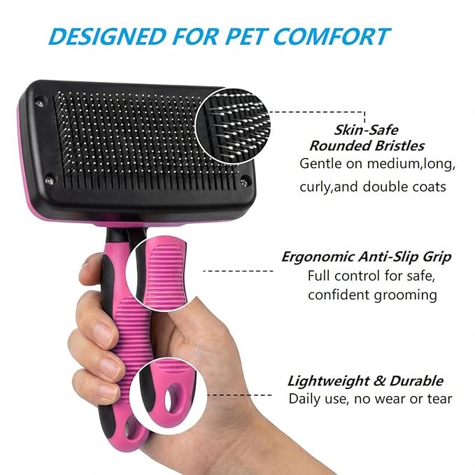 4PCS Self Cleaning Slicker Brush, Pet Grooming Rake, Bath Brush & Massage Brush for Short/Long Haired Dogs, Cats & Horses, Pet Grooming Deshedding Tools - Pet Supplies (Pink Black)
