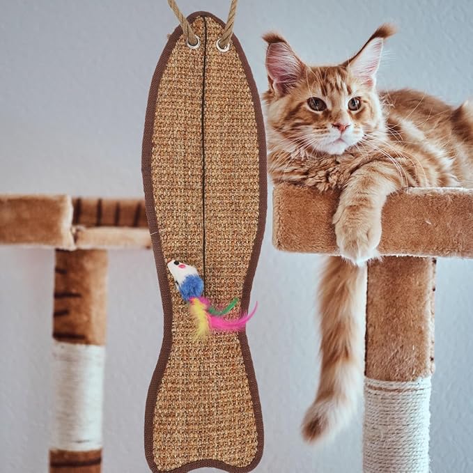 Garneck Hanging Cat Scratcher for Door Knobs - Fish Shaped Sisal Cat Scratch Pad - Ideal for Indoor Pet Promotes Healthy Clawing and Play 20.83X5.23 inch Random Colors
