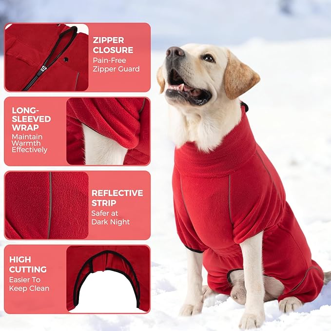 Mihachi Dog Snow Suit Dog Coat Soft Fleece Pullover Pajamas, Pet Windproof Warm Cold Weather Jacket with Zipper, Reflective Jumpsuit Apparel Outfit Clothes for Large Dog, Red XL