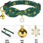 2 Pack Christmas Cat Collar with Bell and Removeable Bunny Bowtie,with Bling Snowflake Charm and Printing Pattern, Safety Breakaway Clasp, Adjustable for Kitten and Cats Green and Red.