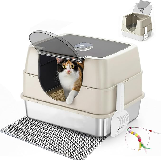 Enclosed Cat Litter Box with Flip-Top Lid, Stainless Steel Large Covered Litter Box, High Sided Metal Litter Pan with Litter Scoop & Mat, Odor Control, Leak Proof, Easy Cleaning, White