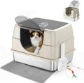 Enclosed Cat Litter Box with Flip-Top Lid, Stainless Steel Large Covered Litter Box, High Sided Metal Litter Pan with Litter Scoop & Mat, Odor Control, Leak Proof, Easy Cleaning, White