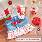 ANIAC Denim Dog Dress Harness with Leash Set Cute Small Dogs Clothes Girl Heart Patterns Puppy Dresses Breathable Mesh Cat Harness Leash Strawberry Chihuahua Yorkie Outfit (Pink Heart, X-Large)