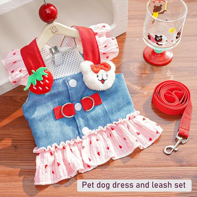 ANIAC Denim Dog Dress Harness with Leash Set Cute Small Dogs Clothes Girl Heart Patterns Puppy Dresses Breathable Mesh Cat Harness Leash Strawberry Chihuahua Yorkie Outfit (Pink Heart, X-Large)