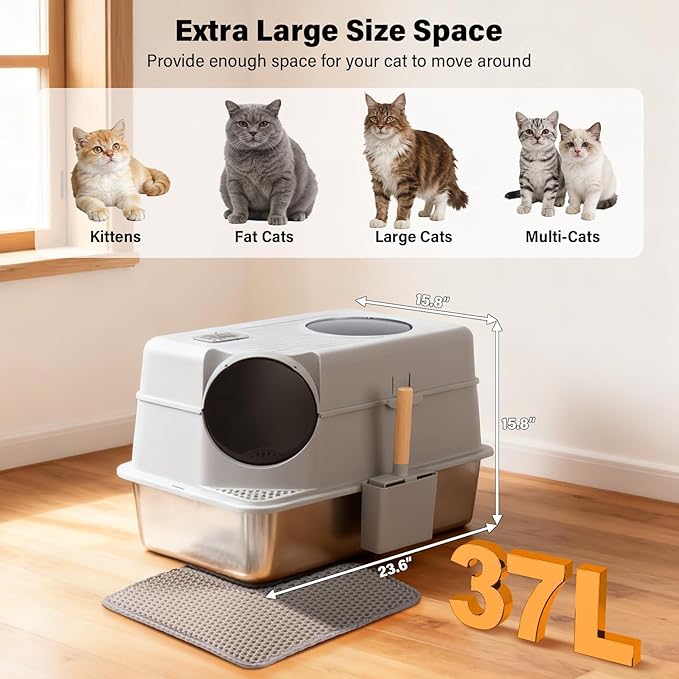 Extra Large Stainless Steel Litter Box with Lid, High Sided Enclosed Metal Cat Litter Box, Dog Proof Front Entry Top Exit, Odor Control, Easy to Clean, Leak Proof, Included Scoop & Mat