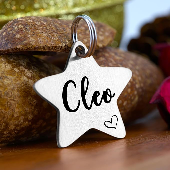 Ultra Joys Cat ID Tag Personalized Pet Tags, Durable Stainless Steel Small Pet Mini Dog Cat Tag Lightweight - Star Tag in Silver