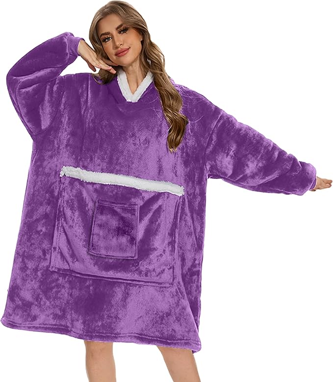 Wearable Blanket Hoodie with Giant Pocket, Soft Warm Sherpa Fleece Oversized Blanket Sweatshirt Gifts for Women Men