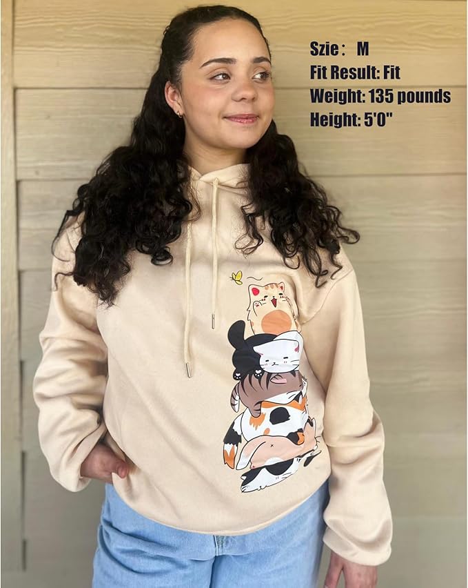 Tuislay Cute Cat Graphic Hoodies for Teen Girls Kawaii Cartoon Printed Hoodie Women Anime Print Hooded Sweatshirt Pullover