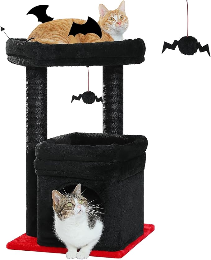 PEQULTI Cat Tree Gothic Cat Tower for Indoor Cats with Private Cozy Cat Condo, Natural Sisal Scratching Posts and Plush Pom-pom for Small Cats Black