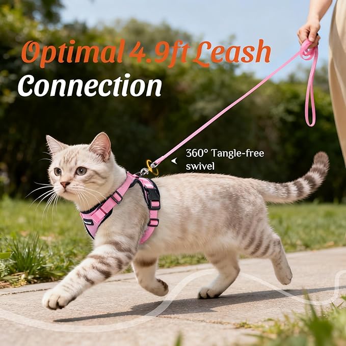 Dooradar Cat Harness and Leash Set, Escape Proof Safe Adjustable Kitten Vest Harnesses for Walking, Easy Control Soft Breathable Mesh Jacket with Reflective Strips for Cats, Pink, M